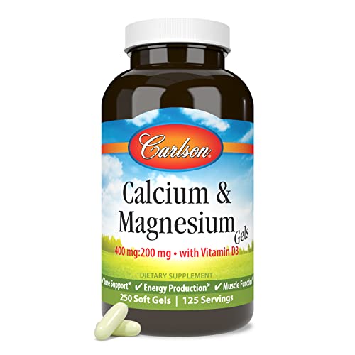 Carlson - Cal-Mag Gels, 2:1 Calcium to Magnesium Ratio, Calcium Magnesium Supplement & Vitamin D, 200 mg Calcium Supplement, 100 mg Magnesium Supplement, Bone Support, Energy Production, 250 Softgels