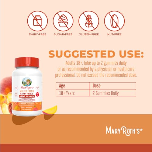 MaryRuth's Multivitamin + Hair Growth Gummies | with Lustriva® | Biotin 10000mcg | B Vitamins | Formulated for Thicker Hair, Wrinkles, Fine Lines, Skin Care | Ages 18+ | 30 Servings