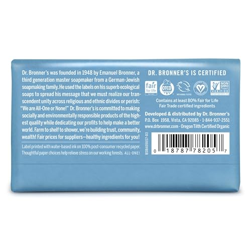 Dr. Bronner's - Pure-Castile Bar Soap (Baby Unscented, 5 ounce, 3-pack) - Made with Organic Oils, For Face, Body, Hair, Gentle for Sensitive Skin, Babies, No Added Fragrance, Biodegradable, Vegan