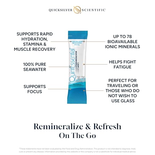 Quicksilver Scientific Quintessential 3.3 Sachets - Hypertonic Solution - Filtered Sea Water Hydration Packets - Liquid Minerals for Muscle Recovery, Stamina + Mineral Replenishment (30 Count)