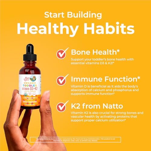 MaryRuth Organics Vitamin D3 | Vitamin K2 | Vitamin D3 K2 Drops | K2 D3 Vitamin Liquid Supplement for Toddlers | Kids Supplement for Calcium Absorption Strong Bones | Vegan | Gluten Free | 1 Fl Oz