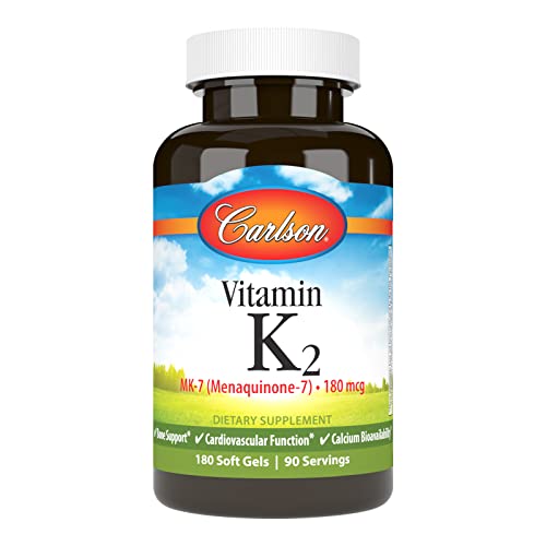 Carlson - Vitamin K2 MK-7 (Menaquinone), 180 mcg, Bone Support, Calcium Bioavailability, K2 Vitamin, Vitamin K-2, 180 Softgels