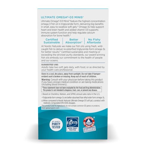 Nordic Naturals Ultimate Omega Mini D3, Lemon Flavor - 60 Mini Soft Gels - 1120 mg Omega-3 + 1000 IU Vitamin D3 - EPA & DHA - Promotes Brain & Heart Health - 30 Servings
