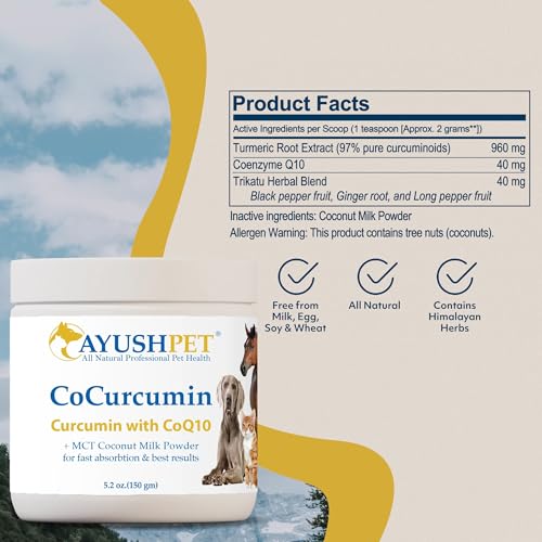 Ayush Herbs Ayush Pet CoCurcumin with Coq10, Muscle and Joint Pet Superfood Powder, Heart and Digestion Support, Small or Large Animals, Young and Senior Pet Supplement, 5.2 Ounces