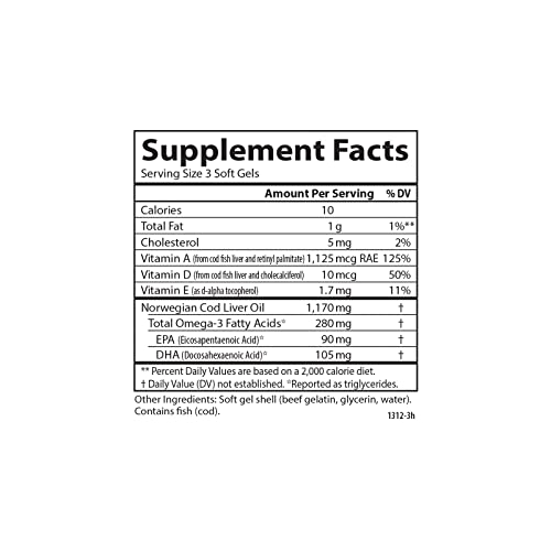 Carlson - Cod Liver Oil Minis, 280 mg Omega-3s + Vitamins A & D3, Heart Support & Cognitive Function, Vision Health, 250 Mini Soft Gels