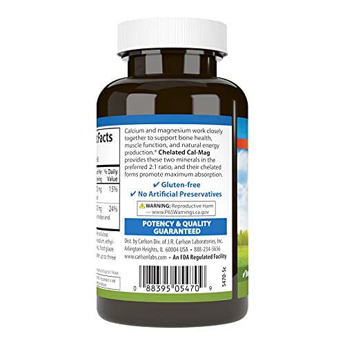 Carlson - Chelated Cal-Mag, 2:1 Calcium to Magnesium Ratio, Bone Support, Muscle Function & Energy Production, 60 Tablets