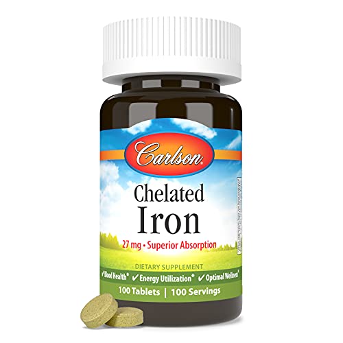 Carlson - Chelated Iron, 27 mg Superior Absorption, Blood Health, Energy Utilization & Optimal Wellness, 100 Tablets