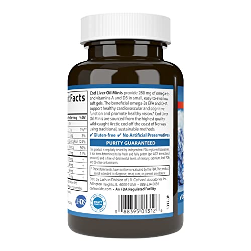 Carlson - Cod Liver Oil Minis, 280 mg Omega-3s + Vitamins A & D3, Heart Support & Cognitive Function, Vision Health, 250 Mini Soft Gels