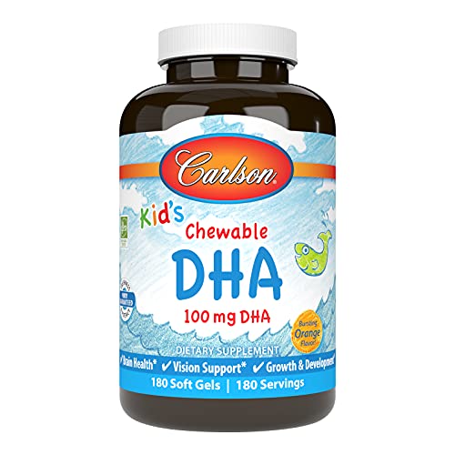 Carlson - Kid's Chewable DHA, 100 mg DHA, Brain Health, Vision Function, Growth & Development, Orange, 180 Chewable Softgels