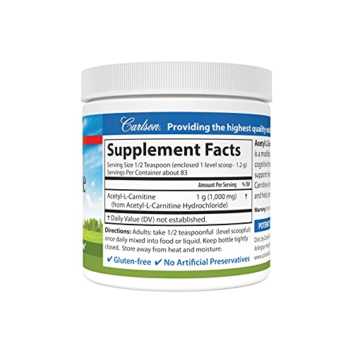 Carlson - Acetyl L-Carnitine Powder, Free-Form Amino Acid, Cognitive Health, Brain Function & Muscle Support, 3.53 oz (100 g)