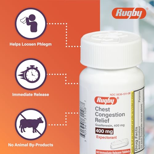 Rugby Chest Congestion Relief DM - Guaifenesin 400mg - Dextromethorphan HBr 20mg - Expectorant Cough Suppressant - 60 Immediate Release Tablets (1 Pack)