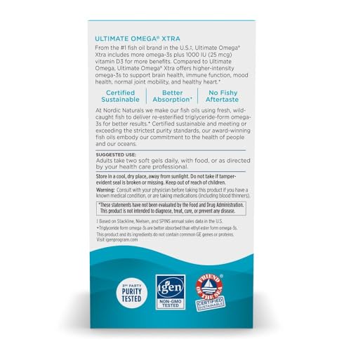 Nordic Naturals Ultimate Omega Xtra, Lemon Flavor - 60 Soft Gels - 1480 mg Omega-3 + 1000 IU Vitamin D3 - EPA & DHA - Brain, Heart, & Immune Health - 30 Servings