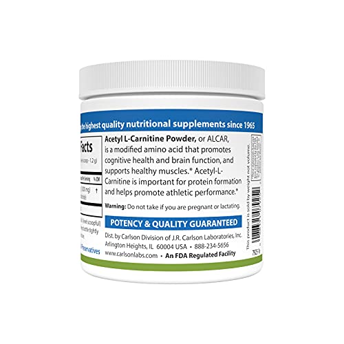 Carlson - Acetyl L-Carnitine Powder, Free-Form Amino Acid, Cognitive Health, Brain Function & Muscle Support, 3.53 oz (100 g)