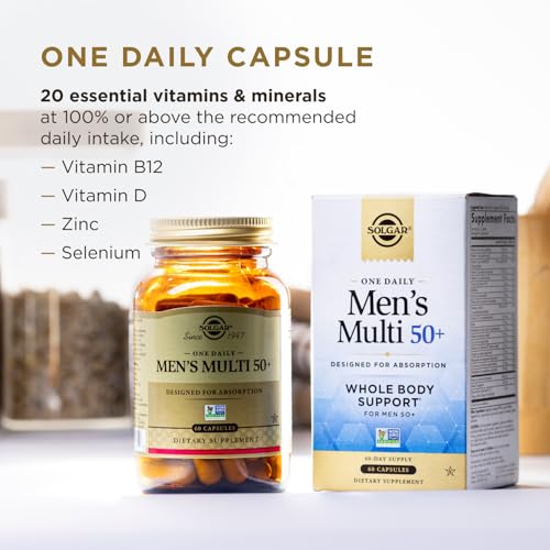 Solgar One Daily Men's Multi 50+ Whole Body Support for Men 50 and Older Highly Absorbable Delayed Release Heart, Energy, Stress, Muscle, Bone, Prostate Support Vitamin 60 Vegan Capsules, 60 Servings