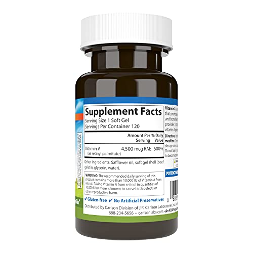 Carlson - Vitamin A, 15000 IU Palmitate (4500 mcg RAE), Vision Health, Healthy Skin, 120 Softgels
