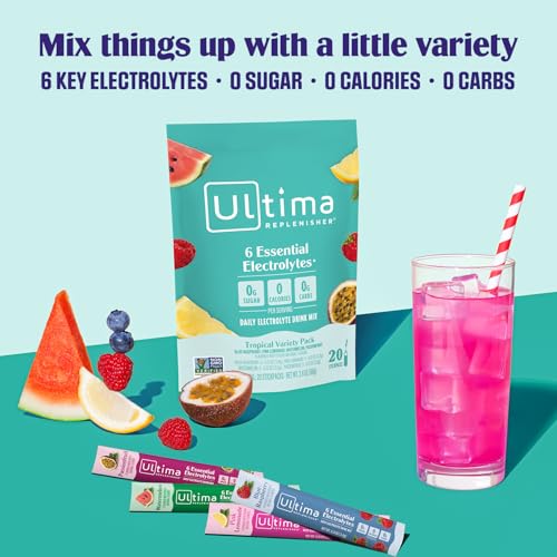 Ultima Replenisher Daily Electrolyte Powder Drink Mix – Sugar Free – Tropical Variety, 20 Stickpacks – Hydration Packets with 6 Electrolytes and Minerals – Keto Friendly, Non-GMO