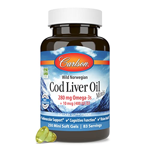 Carlson - Cod Liver Oil Minis, 280 mg Omega-3s + Vitamins A & D3, Heart Support & Cognitive Function, Vision Health, 250 Mini Soft Gels