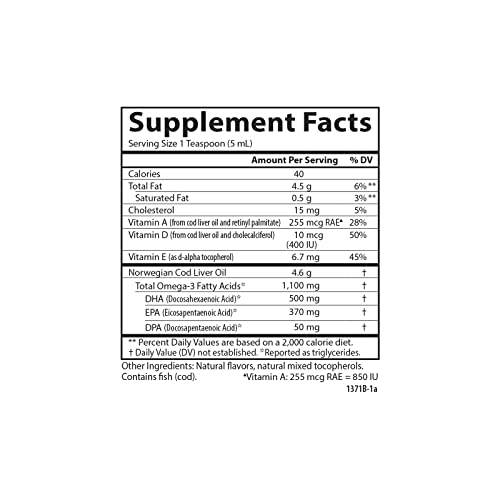 Carlson - Cod Liver Oil, 1100 mg Omega-3s, Plus Vitamins A and D3, Wild Caught Norwegian Arctic Cod Liver Oil, Sustainably Sourced Nordic Fish Oil Liquid, Green Apple, 250 mL (8.4 Fl Oz)