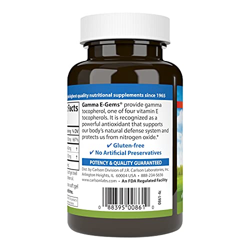 Carlson - Gamma E-Gems, 465 mg, Gamma Tocopherol, Vitamin E Tocopherol, Optimal Wellness, 120 Softgels