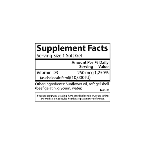 Carlson - Vitamin D3, 10000 IU (250 mcg), Vitamin D Supplements, Bone & Immune Support, Vitamin D3 Softgels, Heart Health, Gluten Free Vitamin D Capsules, 120 Softgels
