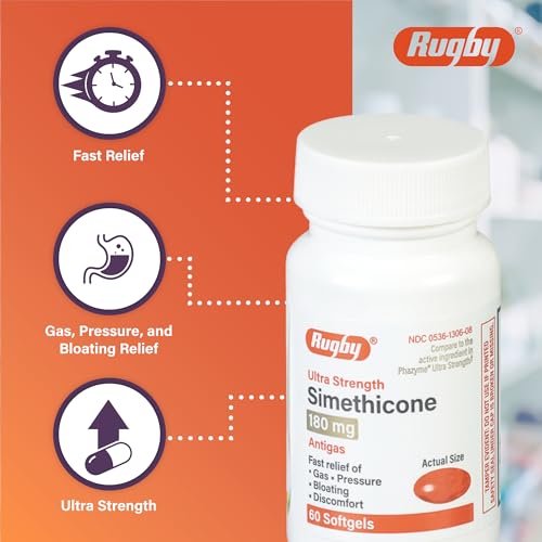 Rugby Ultra Strength Simethicone Gas Relief 180 mg - Maximum Gas Relief for Adults - May Help with Symptoms of Flatulence, Bloating, Gas Fullness - 60 Softgels (2 Pack)