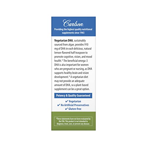 Carlson - Vegetarian DHA, 910 mg DHA, Cognitive Function, Mood Health, Plant-Based, Lemon, 60 mL (2 fl oz)
