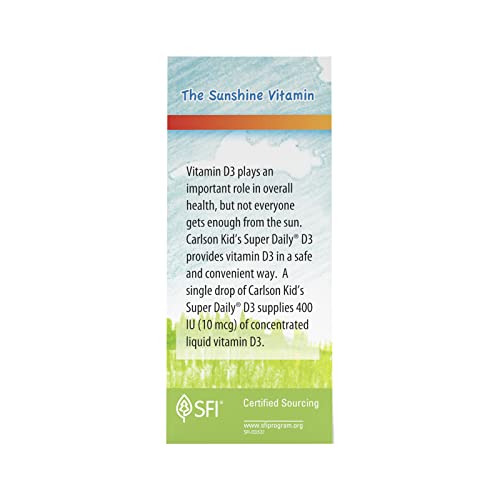 Carlson - Kid's Super Daily D3, Kids Vitamin D Drops, 400 IU (10 mcg) per Drop, Heart Health, Immune Support, Vegetarian, Liquid Vitamin D Drops, Unflavored, 365 Drops