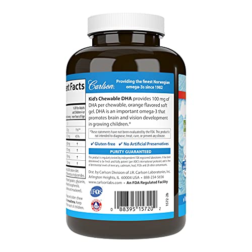 Carlson - Kid's Chewable DHA, 100 mg DHA, Brain Health, Vision Function, Growth & Development, Orange, 180 Chewable Softgels