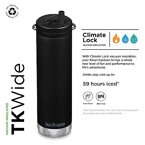 Klean Kanteen TKWide Insulated Water Bottle with Twist Cap - Reusable Travel Water Bottle with Stainless Steel Straw - Perfect for Sports & the Office - Black, 20 oz