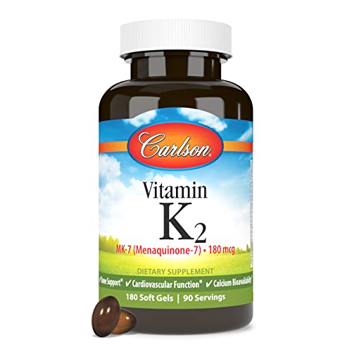Carlson - Vitamin K2 MK-7 (Menaquinone), 180 mcg, Bone Support, Calcium Bioavailability, K2 Vitamin, Vitamin K-2, 180 Softgels
