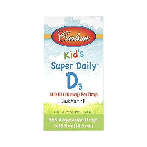 Carlson - Kid's Super Daily D3, Kids Vitamin D Drops, 400 IU (10 mcg) per Drop, Heart Health, Immune Support, Vegetarian, Liquid Vitamin D Drops, Unflavored, 365 Drops