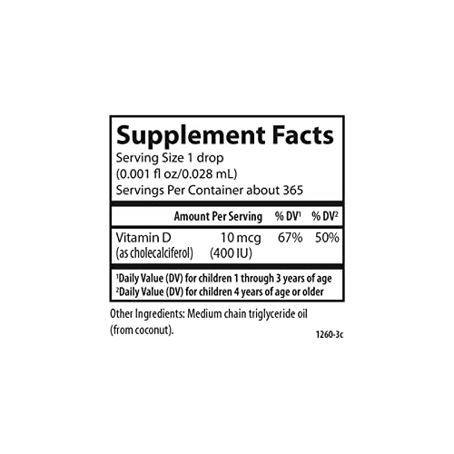 Carlson - Kid's Super Daily D3, Kids Vitamin D Drops, 400 IU (10 mcg) per Drop, Heart Health, Immune Support, Vegetarian, Liquid Vitamin D Drops, Unflavored, 365 Drops