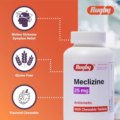 Rugby Meclizine Chewable Tablets 25mg - Anti-Nausea Medicine Helps with Motion Sickness - 1,000 Tablets