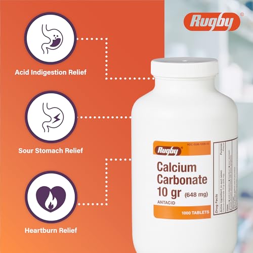 Rugby Calcium Carbonate 10 gr (648 mg) - Antacid - 1000 Tablets (1 Pack)