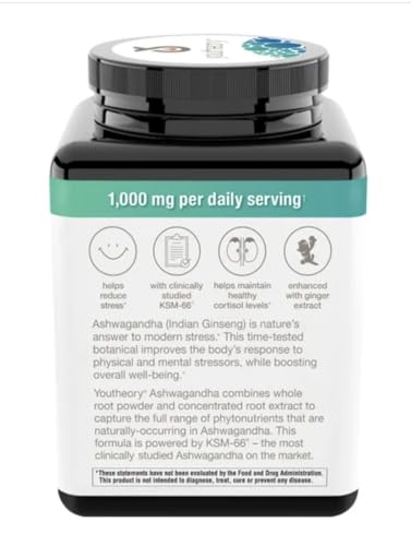 Youtheory Ashwagandha 1000mg with KSM-66 - Helps Support a Healthy Stress Response,180 Capsules (Pack of 1)