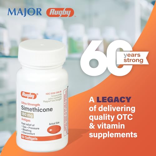 Rugby Ultra Strength Simethicone Gas Relief 180 mg - Maximum Gas Relief for Adults - May Help with Symptoms of Flatulence, Bloating, Gas Fullness - 60 Softgels (2 Pack)