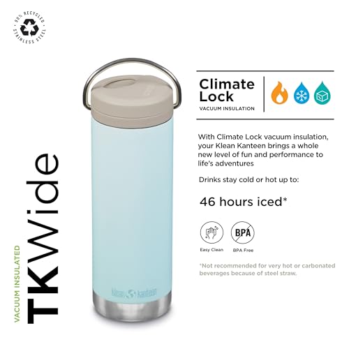 Klean Kanteen TKWide Insulated Water Bottle with Twist Cap - Reusable Travel Water Bottle with Stainless Steel Straw - Perfect for Sports & the Office - Blue Tint, 16 oz