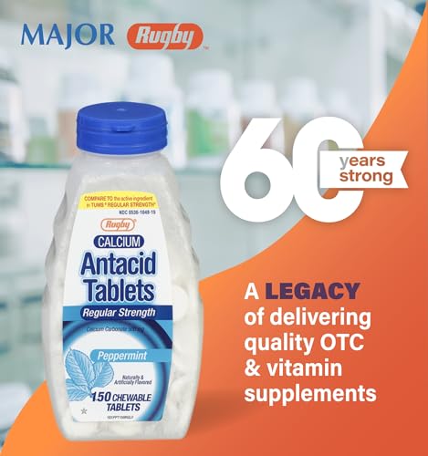 Rugby Regular Strength Antacid Chewable Tablets - Made with 500 mg of Calcium Carbonate - Peppermint Flavor - 150 Count