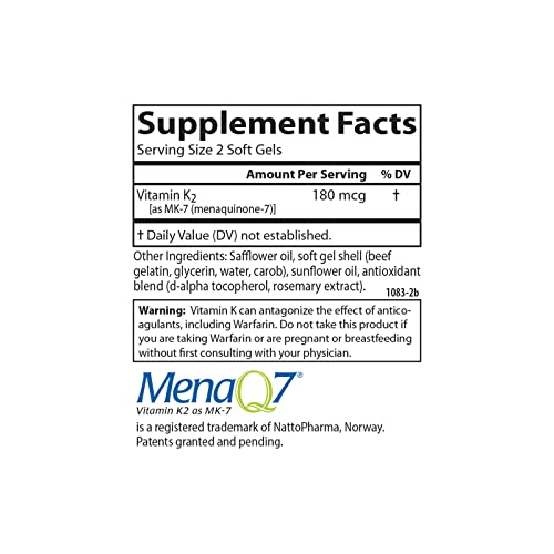 Carlson - Vitamin K2 MK-7 (Menaquinone), 180 mcg, Bone Support, Calcium Bioavailability, K2 Vitamin, Vitamin K-2, 180 Softgels