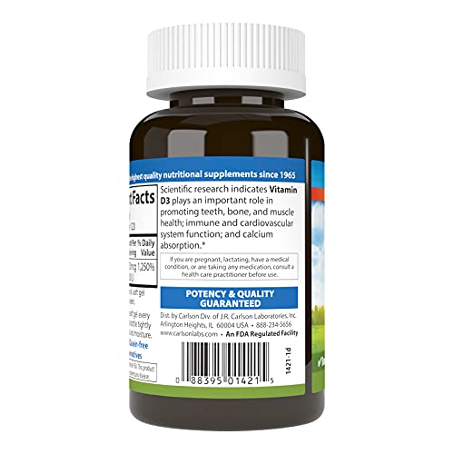Carlson - Vitamin D3, 10000 IU (250 mcg), Vitamin D Supplements, Bone & Immune Support, Vitamin D3 Softgels, Heart Health, Gluten Free Vitamin D Capsules, 120 Softgels