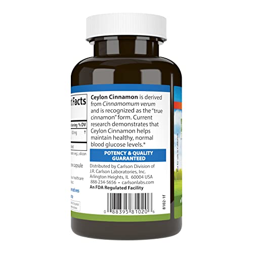 Carlson - Ceylon Cinnamon, Cinnamon Supplements, 500 mg, Cinnamon Extract Pills, Ceylon Cinnamon Capsules, 90 Capsules.