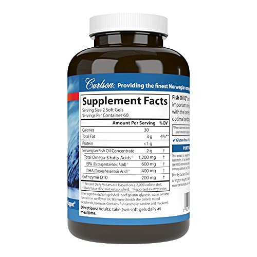 Carlson - Fish Oil Q, 1200 mg Omega-3s 200 mg CoQ10, Function, Energy Production & Circulatory Support, 120 Softgels