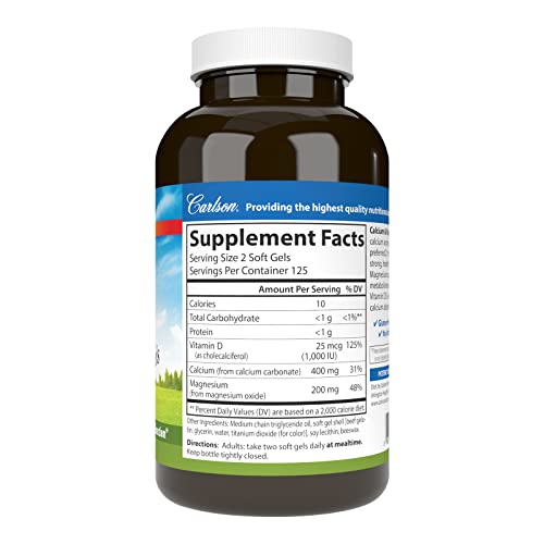 Carlson - Cal-Mag Gels, 2:1 Calcium to Magnesium Ratio, Calcium Magnesium Supplement & Vitamin D, 200 mg Calcium Supplement, 100 mg Magnesium Supplement, Bone Support, Energy Production, 250 Softgels