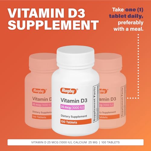 Rugby Vitamin D3, 25 mcg (1,000 IU) - Dietary Supplement - 100 Tablets (2 Pack)