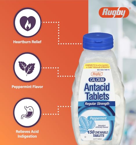 Rugby Regular Strength Antacid Chewable Tablets - Made with 500 mg of Calcium Carbonate - Peppermint Flavor - 150 Count