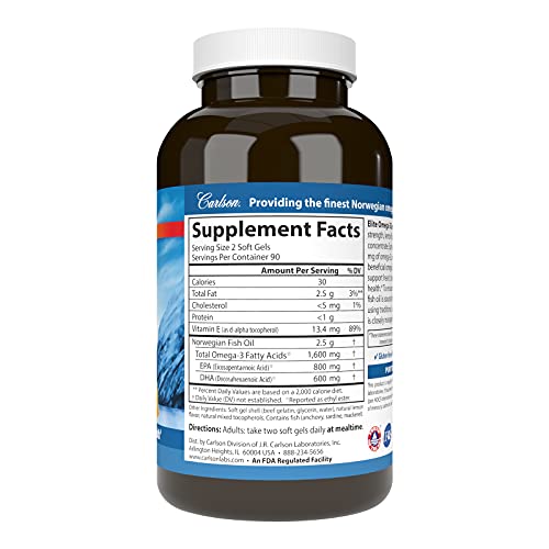 Carlson - Elite Omega-3 Gems, 1600 mg Omega-3s, Heart, Brain & Vision Support, Wild Caught, Orange, 180 soft gels