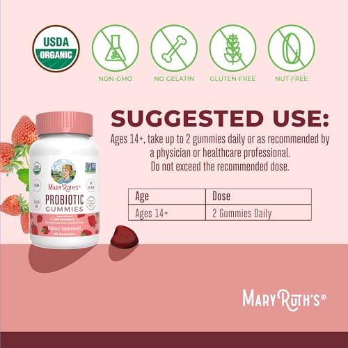 MaryRuth Organics USDA Organic Probiotic Gummies |Probiotics forWomen & Men Digestive Health & Gut Comfort Supplement 5 Billion CFU | Immune & Digestive Support | Vegan | Non-GMO | 60 Count