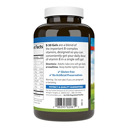 Carlson - B-50 Gels, Vitamin B Complex, Energy Production, Cellular Support & Optimal Wellness, 100 Softgels