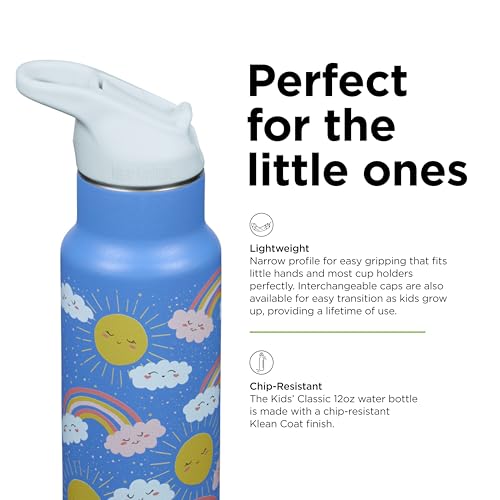 Klean Kanteen 12 oz Classic Kid's Insulated Water Bottle with Flip Seal Sport Cap - 100% Leakproof Cap - BPA-Free - Stainless Steel Material - Rainbows