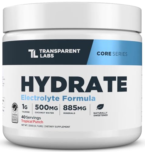 Transparent Labs Hydrate Naturally Sweetened Electrolytes Powder - Hydration Powder Electrolytes with Coconut Water, Calcium, Taurine, & Potassium - 40 Servings, Tropical Punch